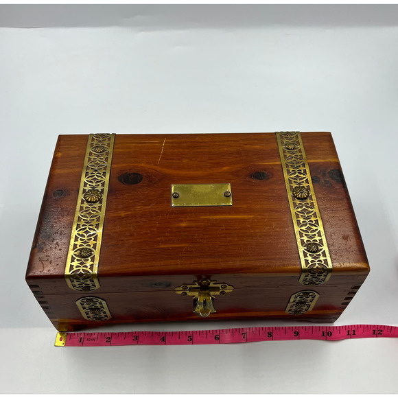 Vintage Wooden Latch Jewelry Storage Box Gold Tone Metal Blue Lining Mirror MCM - Picture 3 of 13